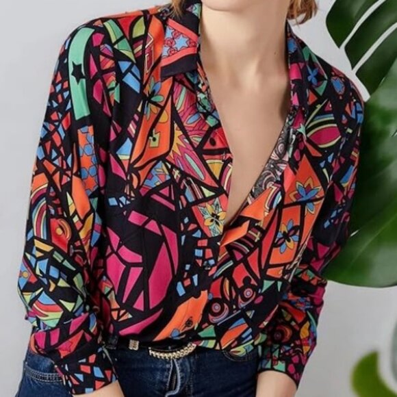 Big Dart Tops - Big Dart Long Sleeve Button Down Blouse in 90s Graphic Design, Sz Large, NWT